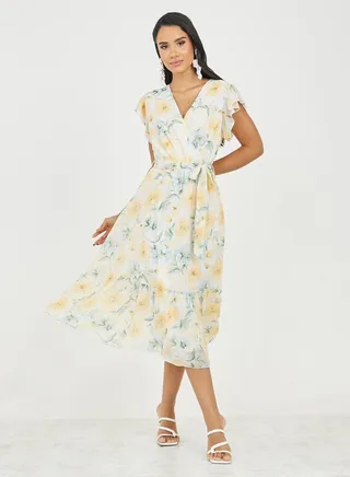 Frill Sleeve Floral A-Line Midi Dress