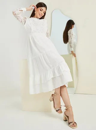 Lace Detail Tiered A-Line Midi Dress