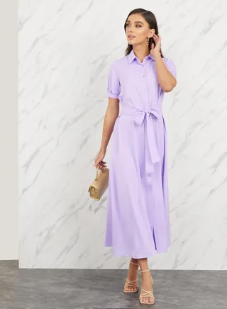 Puff Sleeves Self Tie Up Shirt Maxi Dress