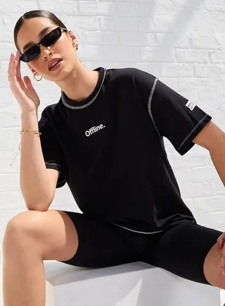 Oversized Drop Shoulder Slogan T-Shirt with Exposed Seam
