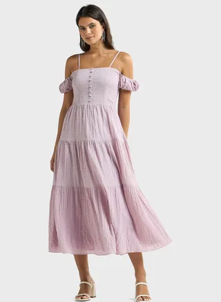Cold Shoulder Button Down Ruched Dress