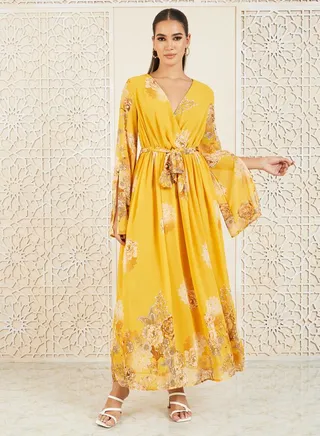 Floral Print Self Tie Up A-Line Wrap Maxi Dress