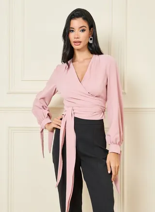 Solid V Neck Crop Wrap Top