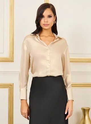 Cuff Sleeve Regular Fit Satin Shirt