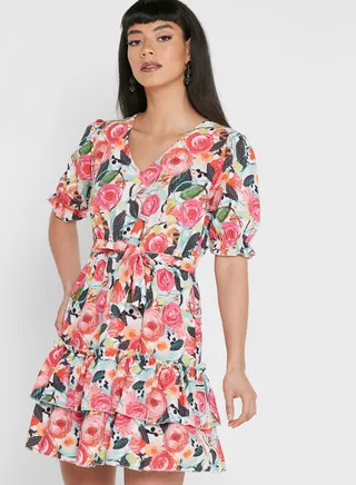Ruffle Detail Floral Print Skater Dress