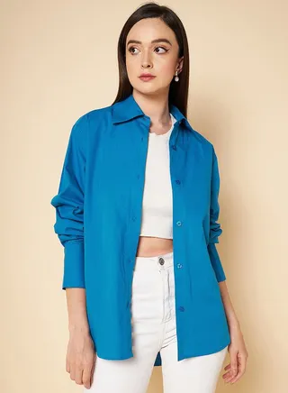 Boxy Fit Solid Curved Hem Shirt