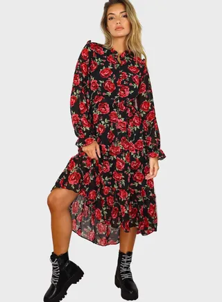 Floral Print Frill Neck Detail Midi Dress