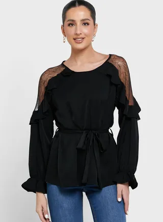 Lace Cutout Detail Tie Waist Top