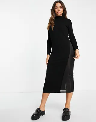 ASOS DESIGN long sleeve ribbed midi dress with satin insert in black