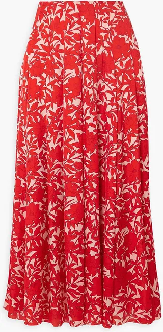 Pleated floral-print satin midi skirt