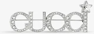 Womens Silver Logo Crystal-embellished Brass Brooch