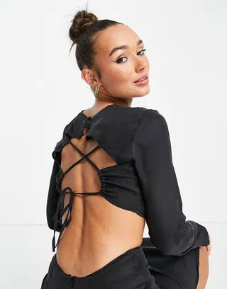 Topshop premium tie crop top in black - part of a set