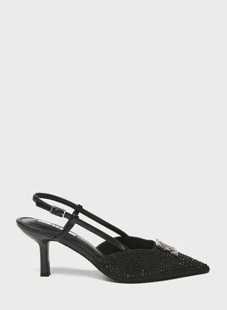 Logo Detailed Pointed Toe Mid Heel Pumps
