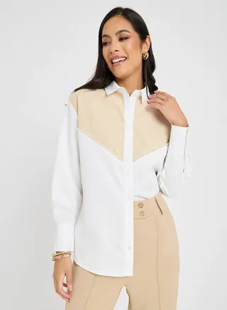 Colorblock Faux Pearl Panel Oversized Shirt