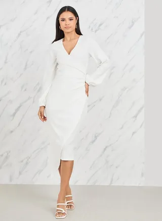 Textured Bishop Sleeve Wrap Midi Dress