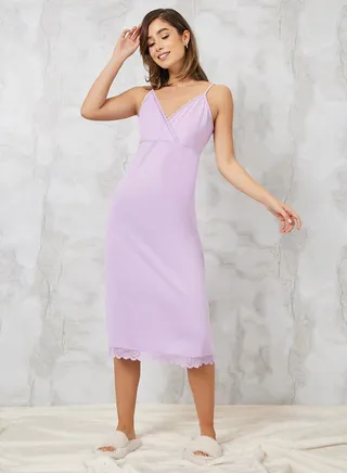 Lace Trim Cross Over Cami Slip Dress