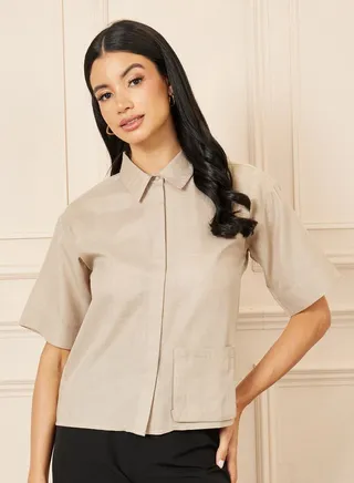 Textured Pocket Detail Concealed Placket Boxy Shirt