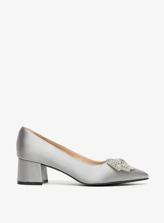 Women's Bow Embellished Pointed Toe Pumps with Block Heels