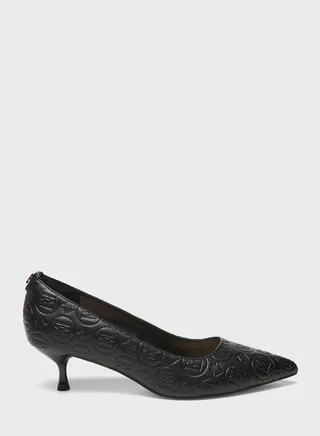 Logo Detailed Pointed Toe Mid Heel Pumps