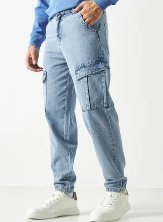Light Wash Straight\n Fit Cargo Jeans