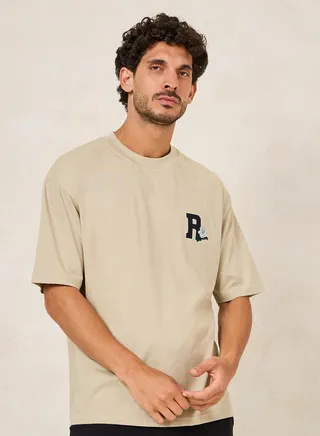 Initial Print Oversized Cotton Rich T-Shirt with Mock Neck Detail