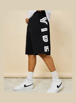 Oversized Terry Shorts with Bold Text Print Detail