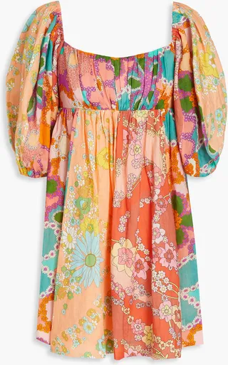 Gathered floral-print cotton-mousseline mini dress