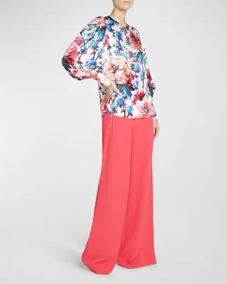 Floral-Print Gem-Embellished Silk Blouse