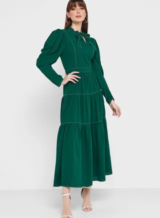 Tie Neck Tiered Midi Dress