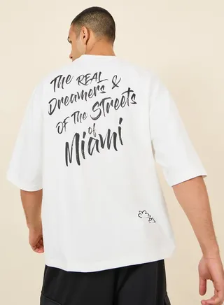 Front and Back Miami Slogan Print Terry Knit Boxy T-Shirt