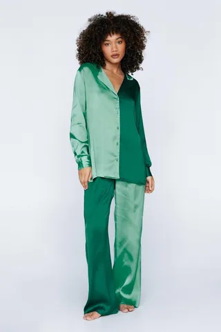 Nasty Gal Womens Satin Colorblock Pajama Shirt and Pants Set