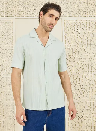 Striped Textured Woven Camp Cuban Collar Relaxed Fit Shirt