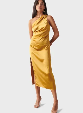 One Shoulder Side Slit Ruched Dress
