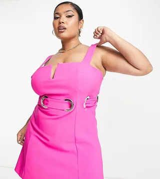 ASOS DESIGN Curve structured mini dress with 70's ring waist detail in fuschia
