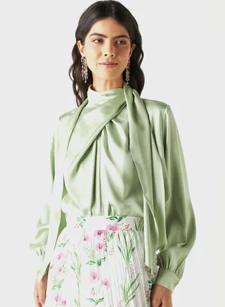 High Neck Tie Detail Top