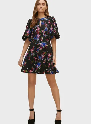Floral Print Puff Sleeve Skater Dress