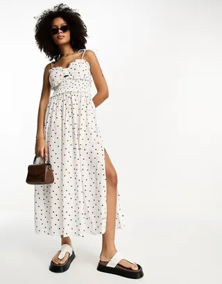 ASOS DESIGN bow bust shirred waist midi sundress in brown polka dot