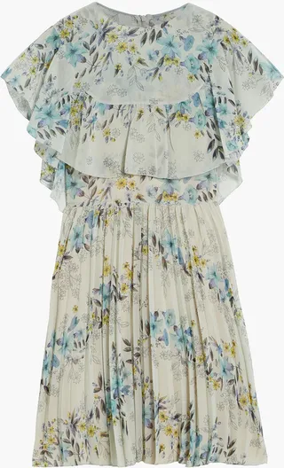 Ruffled pleated floral-print chiffon mini dress