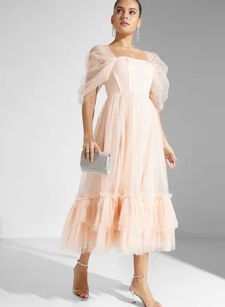 Square Neck Mesh Ruffle Dress