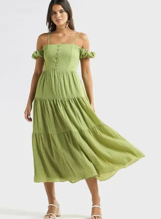 Textured Midi A-Line Cold Shoulder Dress