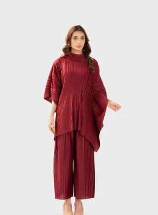 Pleated High Neck Top And High Waist Pants Set