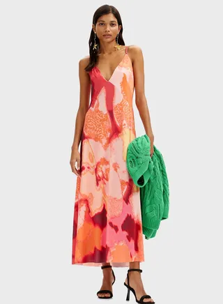 Plunge Neck Printed Dress