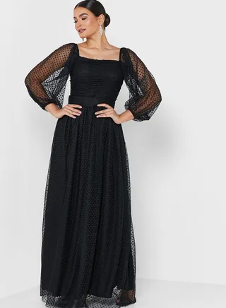 Dotted Mesh Overlay Maxi Dress