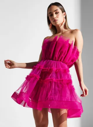 Bardot Pleated Mesh Dress