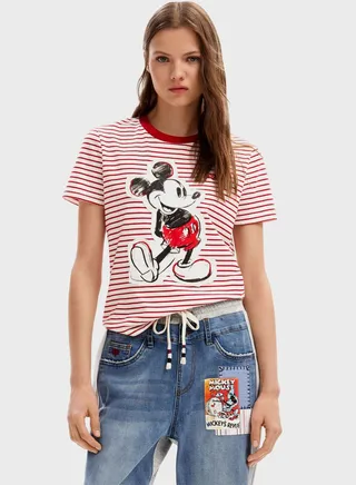 Striped Mickey Mouse Crew Neck T-Shirt