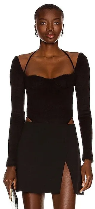 LaQuan Smith Halter Long Sleeve Bodysuit in Black