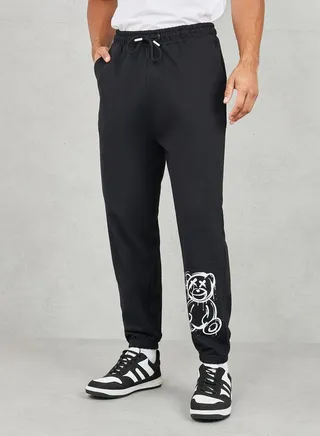 Oversized Teddy Print Jogger with Drawcord Waistband