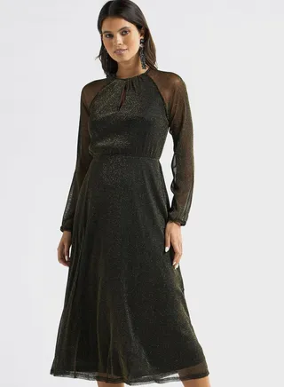 Shimmer Detail Midi A-Line Round Neck Dress With Long Sleeves