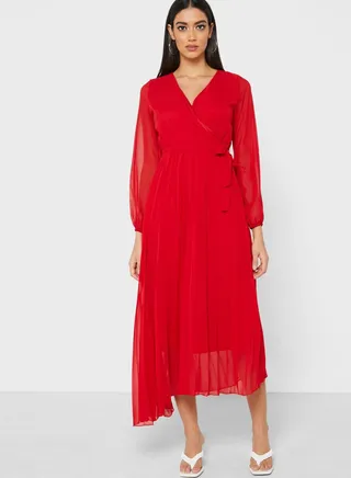 Wrap Front Pleated Maxi Dress