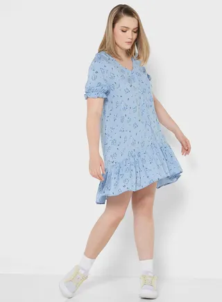 Printed Button Detail Dress